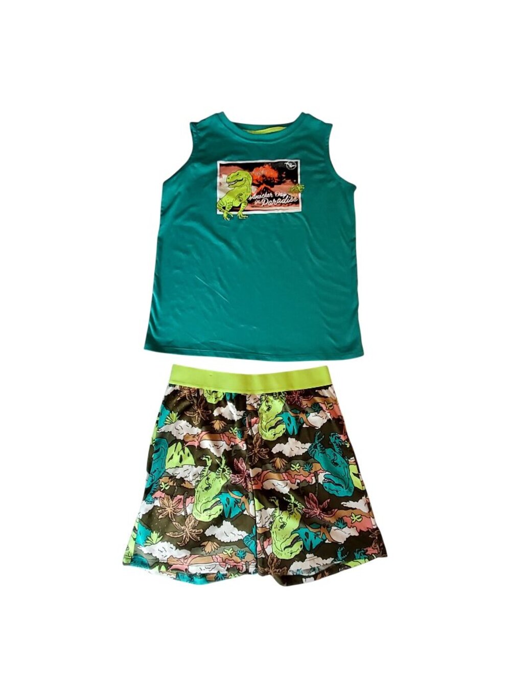 Cat & Jack Kids Dinosaur Pajama Set Sleeveless Top & Shorts Size L 10/12 Green - Picture 1 of 11